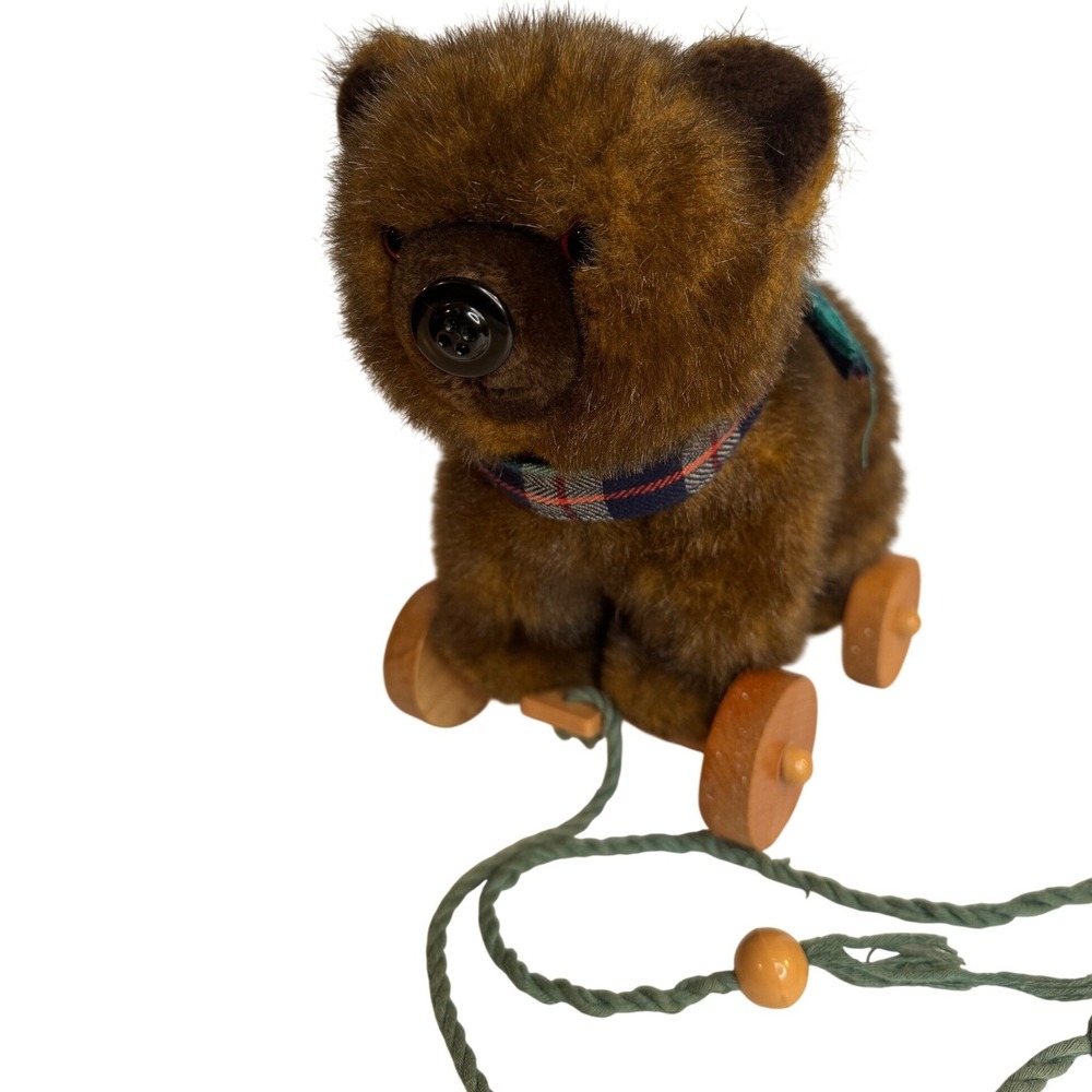 Vintage Applause Plush Bear Pull Toy On Wheels Wooden Rolling Teddy Bear